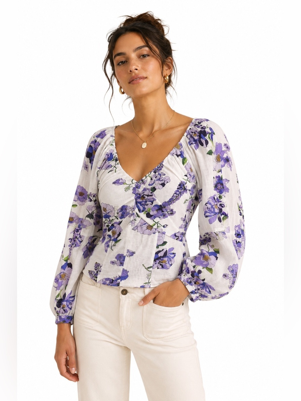 Anthropologie Womens Boho Cotton Floral Puff Sleeve Top S White Purple Fairycore